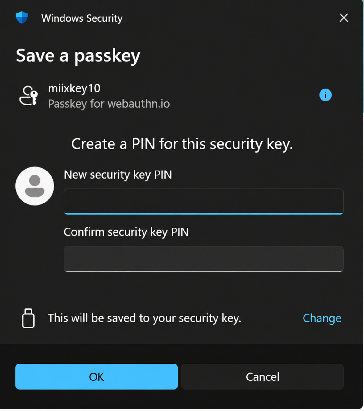 Figure 3. First use: create and confirm a FIDO PIN. Fields are intentionally empty.